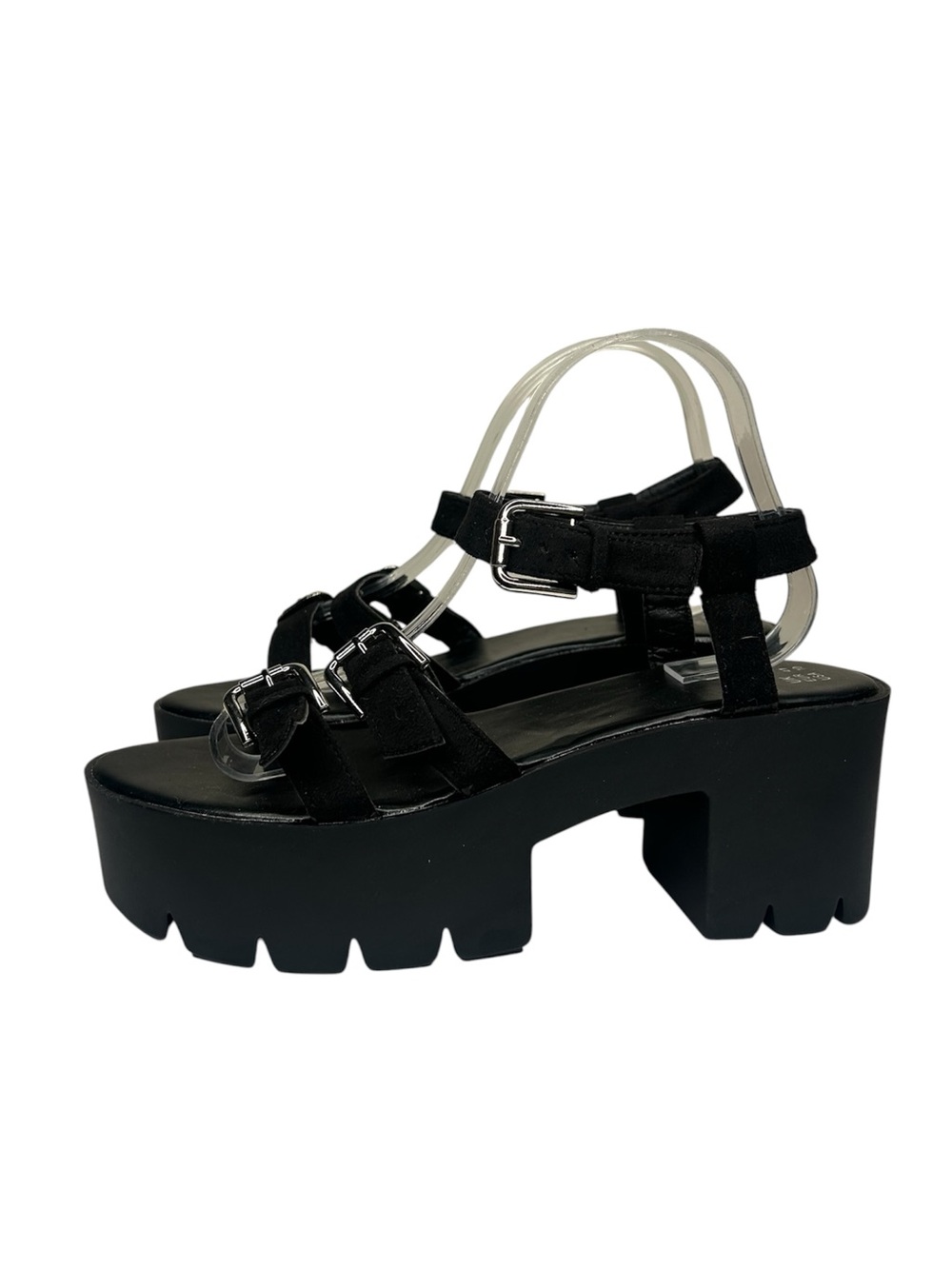 New Chunky Black Platform Sandals with Buckle Straps 10 faux suede